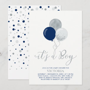 Navy & Silver Ballons   Es ist ein Junge - Babypar Einladung