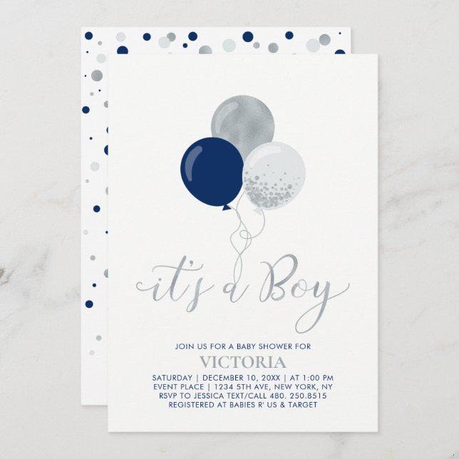 Navy & Silver Balloons | Es ist eine Baby-Dusche Einladung (Vorne/Hinten)
