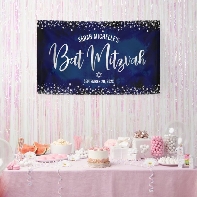 Navy Silver Bat Mitzvah Modern Foil Glitzern Scrip Banner (Party)