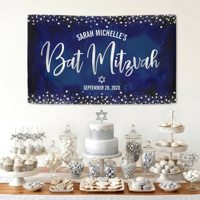 Navy Silver Bat Mitzvah Modern Foil Glitzern Scrip Banner (Von Creator hochgeladen)