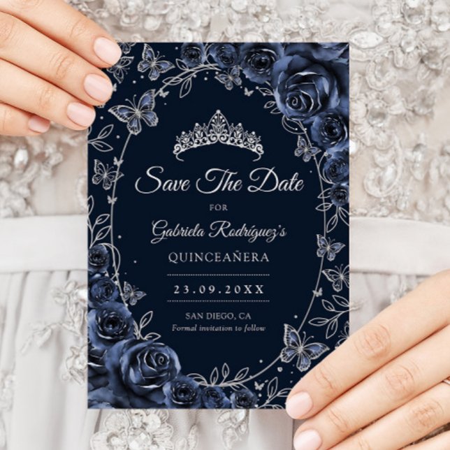 Navy Silver Butterflies Roses Quinceanera Save The Date (Von Creator hochgeladen)