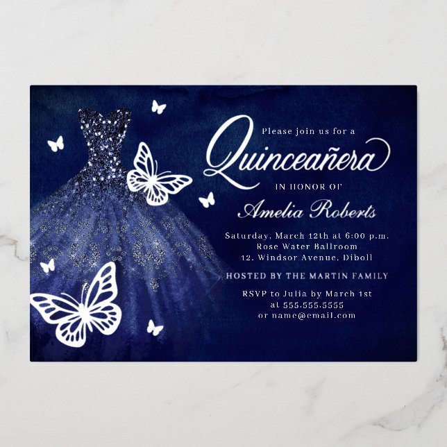 Navy Silver Butterfly Dress Quinceanera Folieneinladung (Vorderseite)