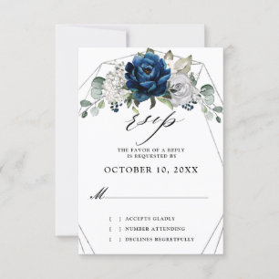 Navy Silver Champagne Ivory Geometric Wedding RSVP Karte