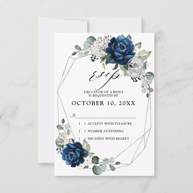 Navy Silver Champagne Ivory Geometric Wedding RSVP Karte (Vorderseite)