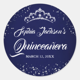 Navy Silver Diamond Sparkle Tiara Quinceanera Runder Aufkleber