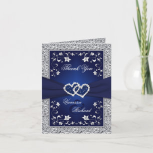 Navy Silver Floral Hearts IMITATS Foil Danke Karte