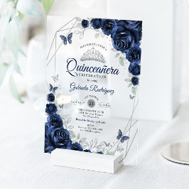 Navy Silver Floral Quinceanera Acryleinladungen