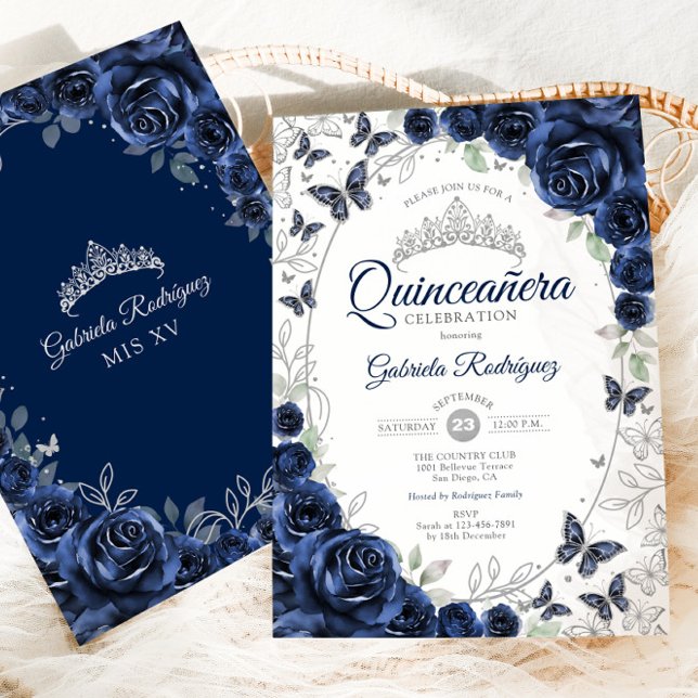 Navy Silver Floral Quinceanera Einladung (Von Creator hochgeladen)
