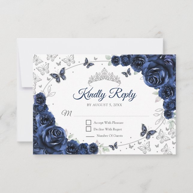 Navy Silver Floral Quinceanera Reply RSVP Karte (Vorderseite)