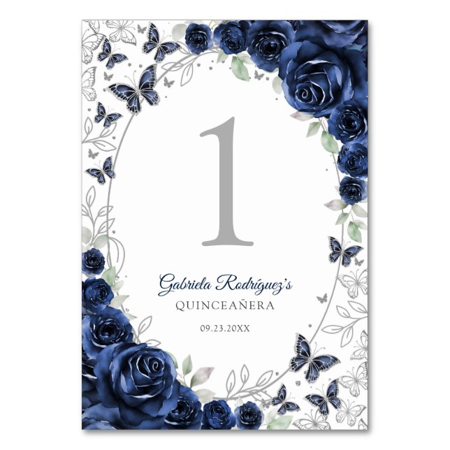 Navy Silver Floral Quinceanera Tischnummer (Vorderseite)