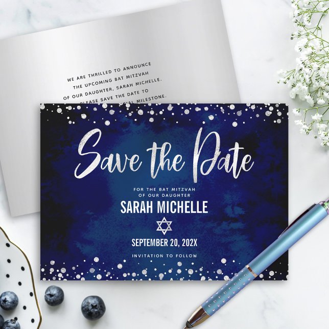 Navy Silver Glitzer Bat Mitzvah Script Modern Bold Save The Date (Von Creator hochgeladen)