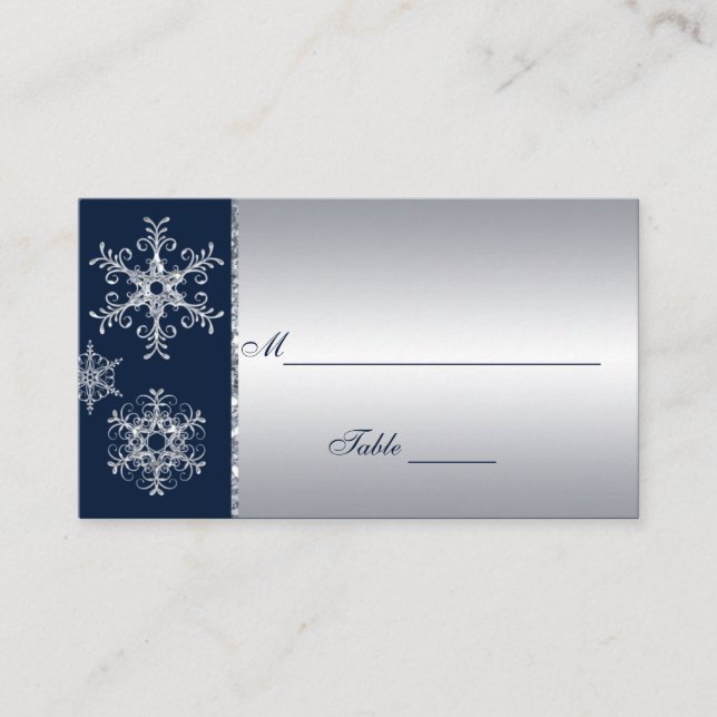 Navy Silver Glitzer Blick Schneeflocken Placecards Platzkarte (Vorderseite)