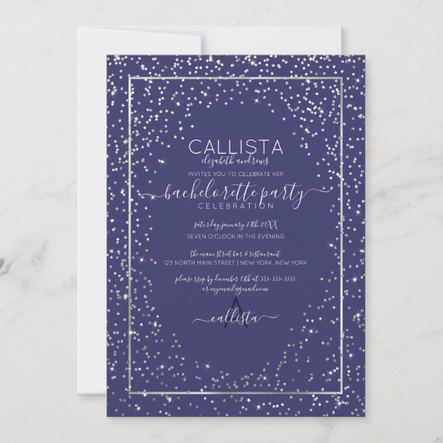 Navy Silver Glitzer Confetti Border Bachelorette Einladung (Vorderseite)