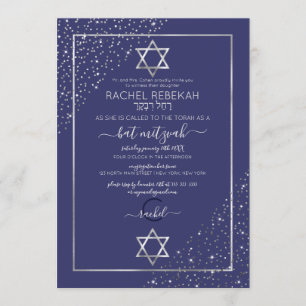 Navy Silver Glitzer Confetti Corners Bat Mitzvah Einladung