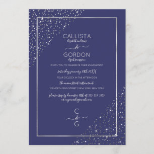 Navy Silver Glitzer Confetti Corners Verlobung Einladung