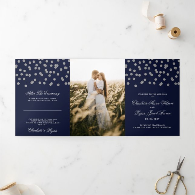 Navy Silver Glitzer Confetti Foto Wedding Dreifach-gefaltete Programmkarte (Außenbereich)