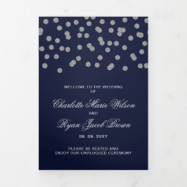 Navy Silver Glitzer Confetti Foto Wedding Dreifach-gefaltete Programmkarte