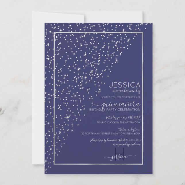 Navy Silver Glitzer Diagonal Confetti Quinceañera Einladung (Vorderseite)
