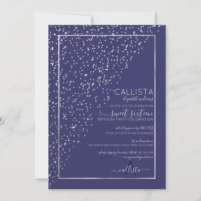 Navy Silver Glitzer Diagonal Confetti Sweet 16 Einladung (Vorderseite)