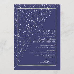 Navy Silver Glitzer Diagonal Confetti Sweet 16 Einladung