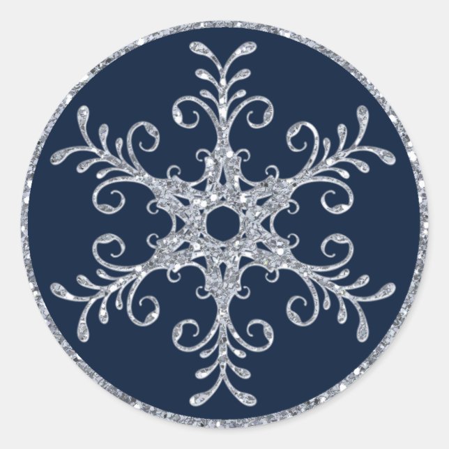 Navy Silver Glitzer sieht Snowflake Hochzeitsticke Runder Aufkleber (Vorderseite)