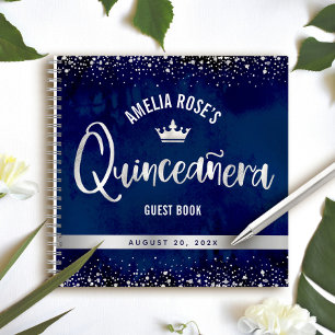 Navy Silver Glitzern Tiara Quinceñera Gästebuch Notizbuch