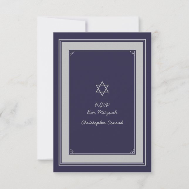 Navy Silver Gray Bar Mitzvah Replik Card RSVP Karte (Vorderseite)