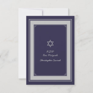 Navy Silver Gray Bar Mitzvah Replik Card RSVP Karte