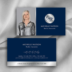 Navy & Silver Logo Modern Real Anwesen Notar Foto Visitenkarte