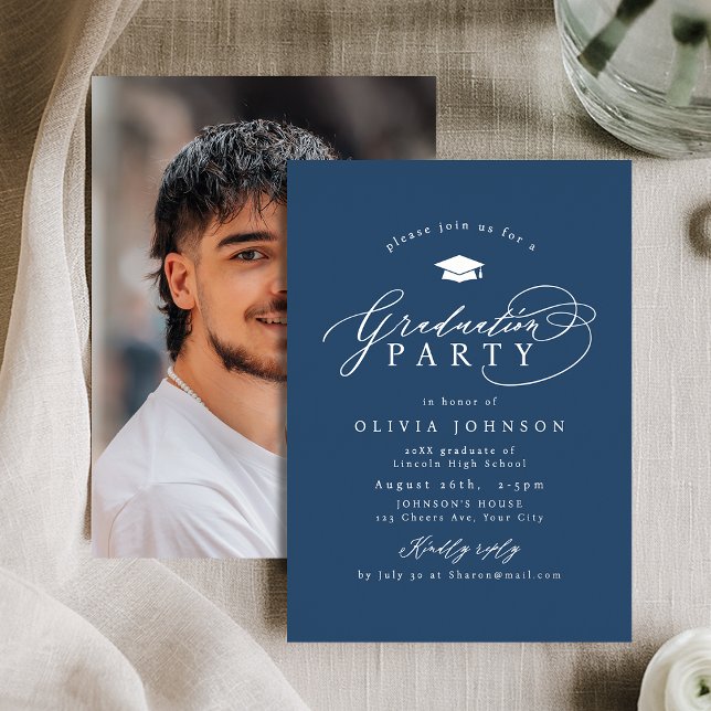 Navy Silver Modern Calligraphy Photo Graduation Folieneinladung (Navy Silver Modern Calligraphy Photo Graduation Foil Invitation)