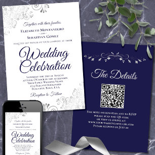 Navy & Silver on White Elegant QR Code Hochzeit Einladung