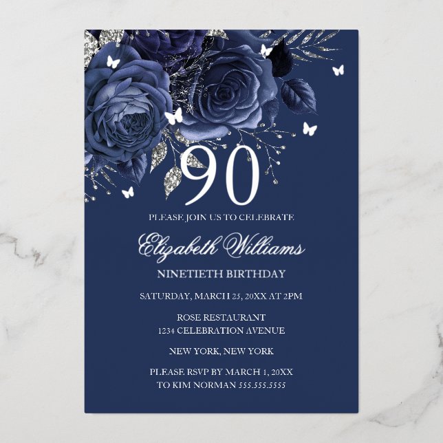 Navy Silver Rose Butterfly 90th Birthday  Folieneinladung (Vorderseite)