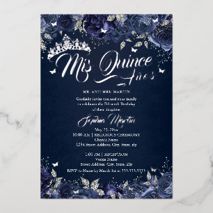 Navy Silver Rose Mis Quince Quinceanera Folieneinladung