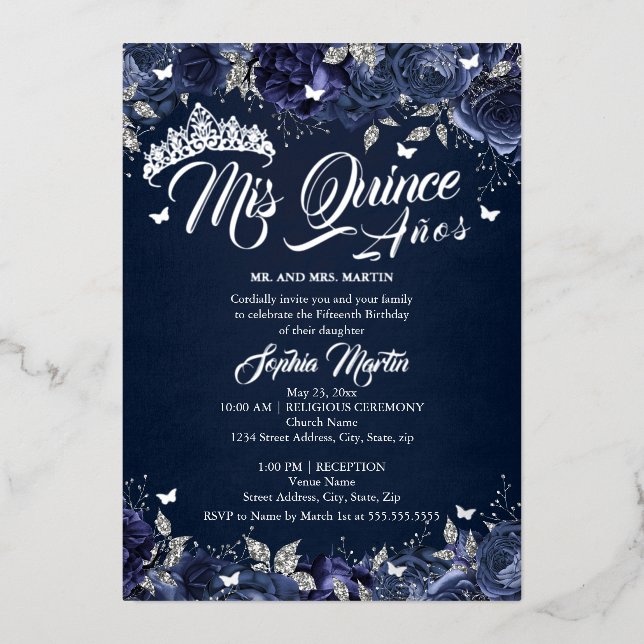 Navy Silver Rose Mis Quince Quinceanera Folieneinladung (Vorderseite)