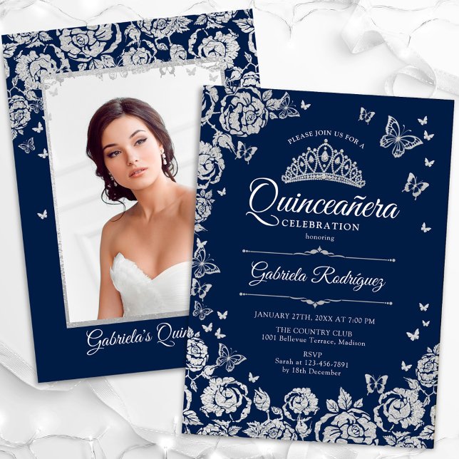 Navy Silver Rose Schmetterlinge Quinceanera Foto Einladung (Von Creator hochgeladen)