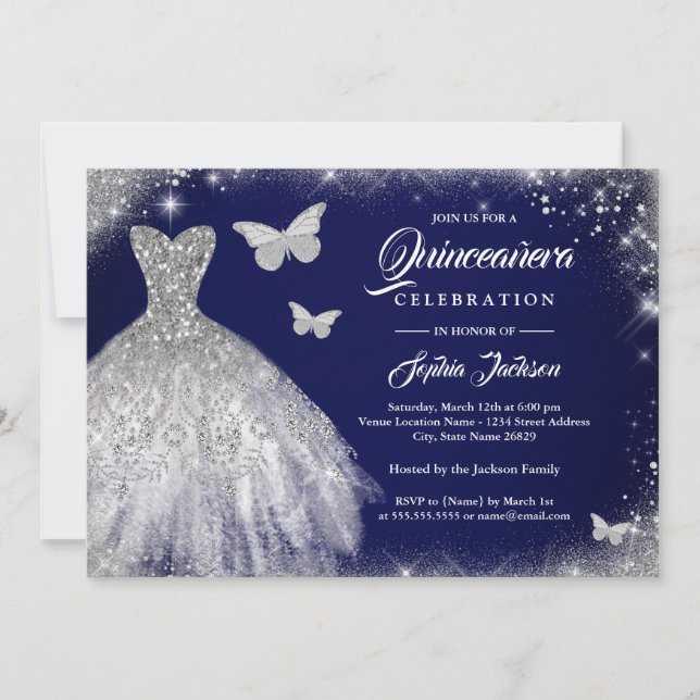 Navy Silver Sparkeil Butterfly Quinceanera Einladung (Vorderseite)