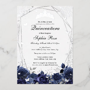 Navy Silver Sparkle Blume Tiara Quinceanera Folieneinladung