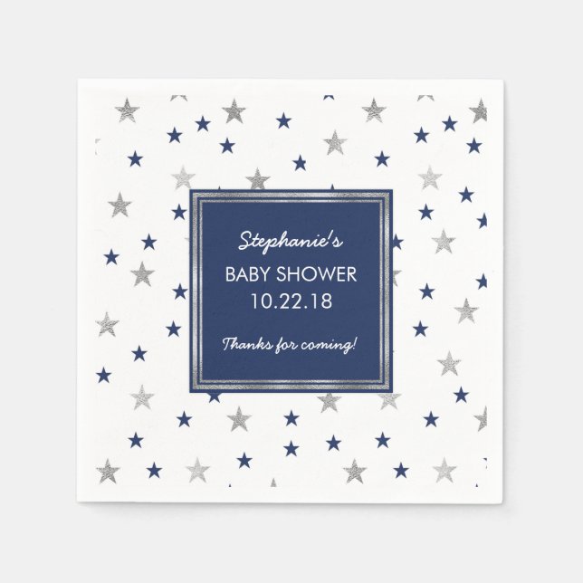 Navy Silver Stars Twinkle Baby Duschdekor Serviette (Vorderseite)