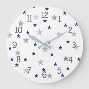 Navy Silver Stars Twinkle Baby Kinderzimmer Decke Große Wanduhr