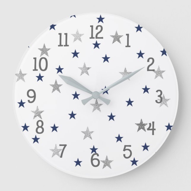 Navy Silver Stars Twinkle Baby Kinderzimmer Decke Große Wanduhr (Vorderseite)
