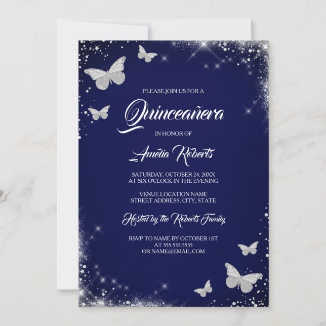 Navy Silver Watercolor Butterfly Dress Quinceanera Einladung (Vorderseite)