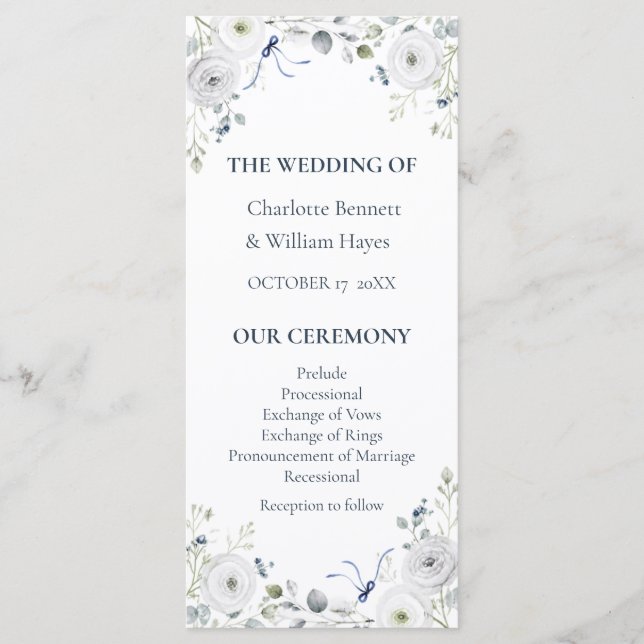 Navy Silver Watercolor Floral Wedding Program Programm (Vorderseite)