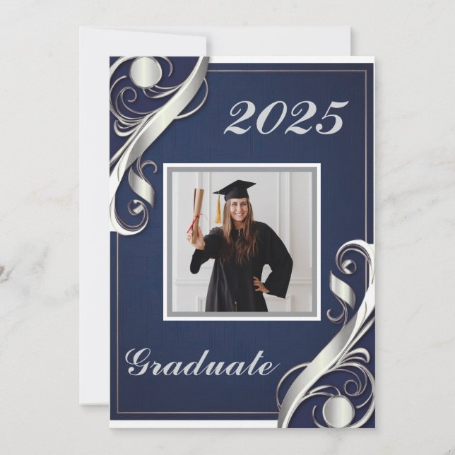 Navy Silver White Abschluss 2025 Einladung (Vorderseite)