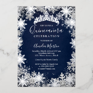 Navy Silver Winter Snowflake Quinceanera Folieneinladung