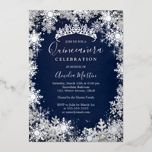 Navy Silver Winter Snowflake Quinceanera Folieneinladung (Vorderseite)