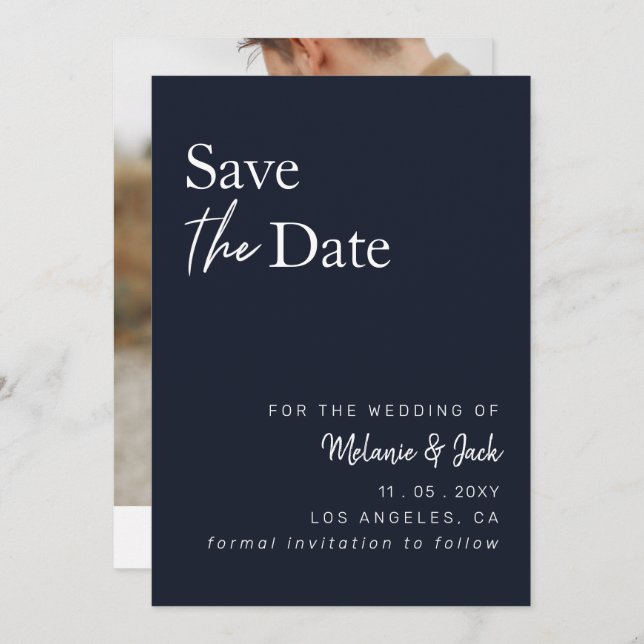 Navy Simple Calligraphy Foto Save the Date (Vorne/Hinten)