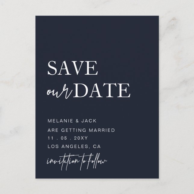 Navy Simple Calligraphy Save the Date Ankündigungspostkarte (Vorderseite)