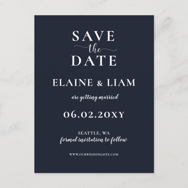 Navy Simple Calligraphy Save the Date Ankündigungspostkarte (Vorderseite)