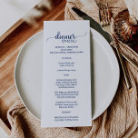 Navy Simple Calligraphy Wedding Dinner Menu Card Menükarte<br><div class="desc">Diese einfache kalligraphische Karte für Hochzeitsessen ist perfekt für eine elegante Hochzeit. Das weiße und blaue Design besticht durch eine schicke rustikale Typografie und ein romantisches Herz.</div>