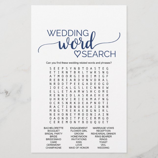 Navy Simple Calligraphy Wedding Word Search Game Flyer (Hinten)